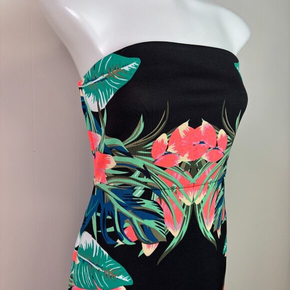 Express Bodycon Dress 4 Strapless Black Tropical Floral Stretch Knee-Length - Picture 2 of 11